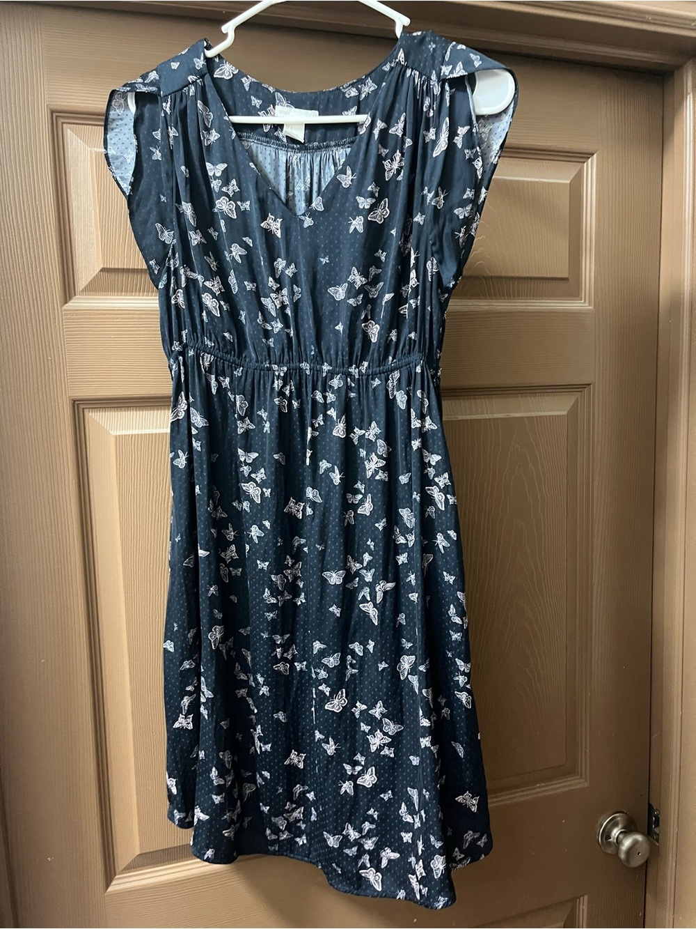 H&M Mama Maternity Butterfly Print Navy Cap-Sleeve Dress
